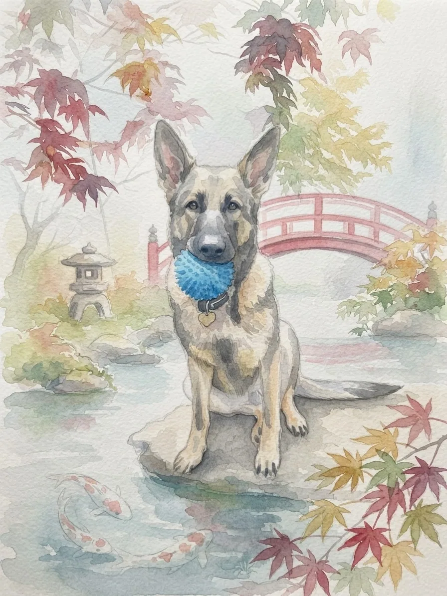 German Shepherd with a blue ball painted in watercolor beside a koi pond and red garden bridge