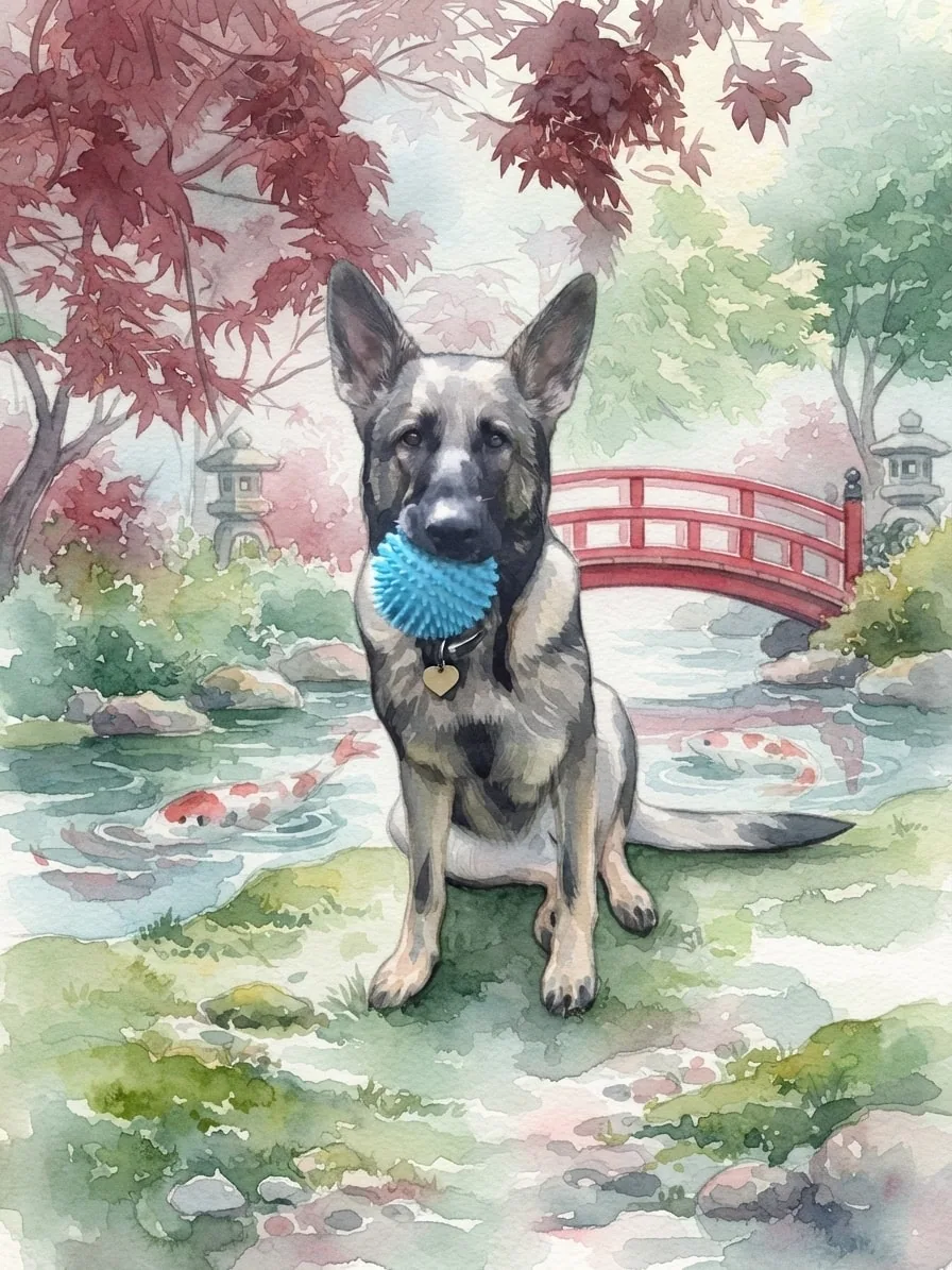 German Shepherd with a blue ball painted in watercolor beside a koi pond and red garden bridge