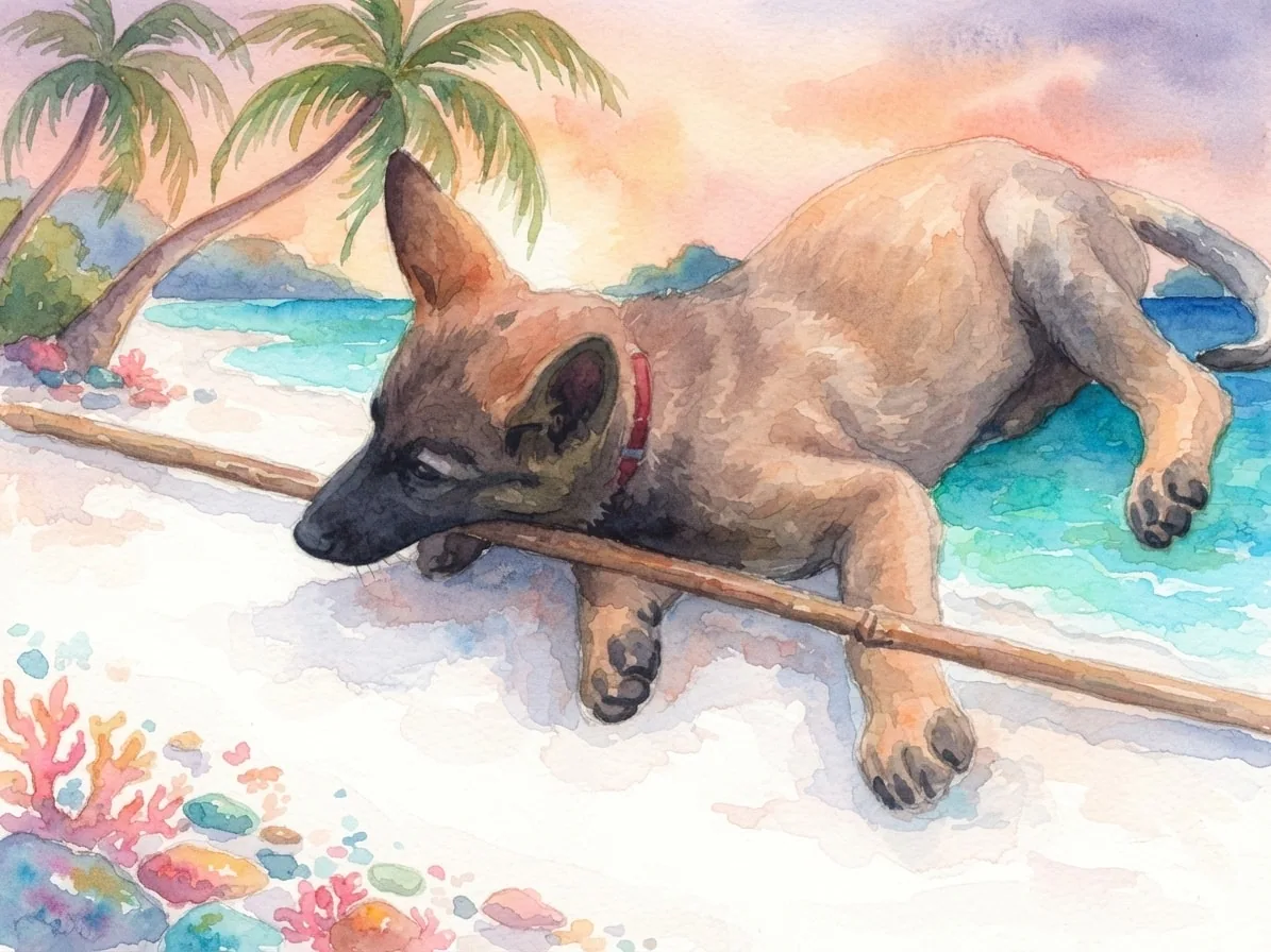 Young German Shepherd with a stick painted in watercolor on a tropical beach