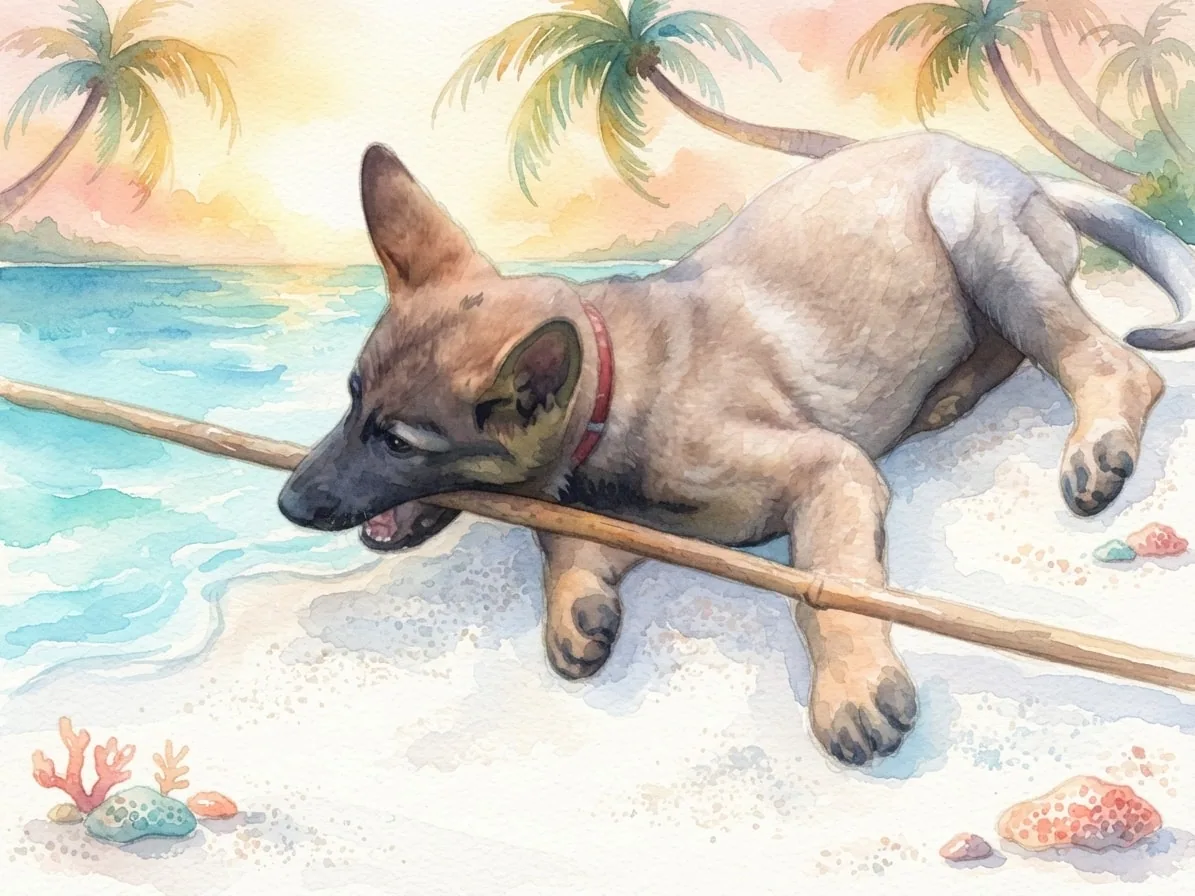Young German Shepherd with a stick painted in watercolor on a tropical beach